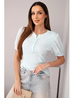 Dámska bavlnená rebrovaná blúzka s volánovými rukávmi a gombíkmi light mint