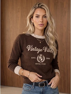 Sweter damski z nadrukiem Vintage Vibes czekoladowy model 22544853 - FashionStreet