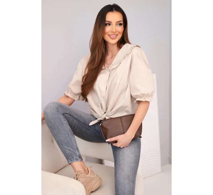 Dámská bavlněná košile s volánkem a vázáním béžová