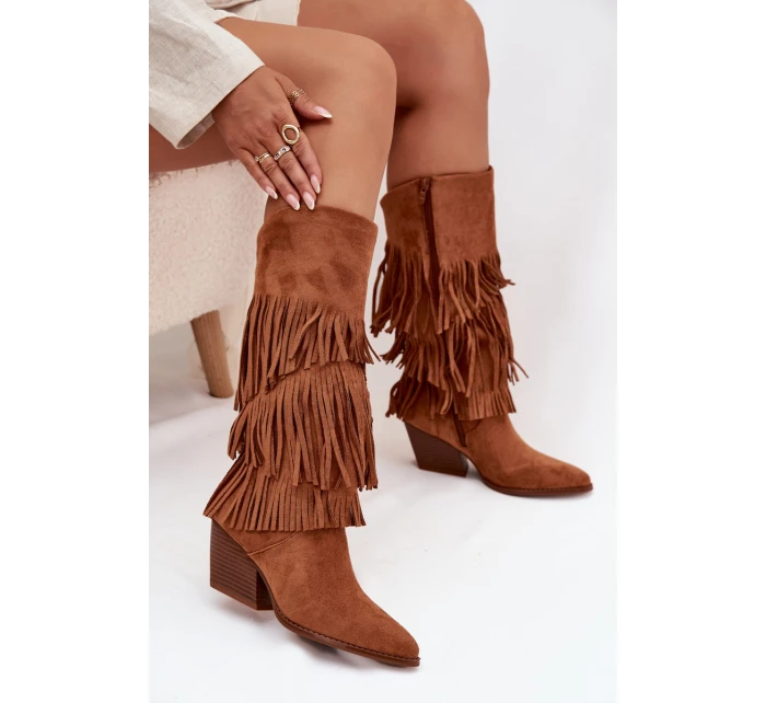 Ocieplane Kozaki Kowbojki Damskie Z Frędzlami Camel Brivina