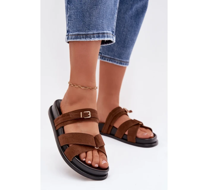 Dámské pantofle s pásky a zlatým sponou Hnědé Selorina