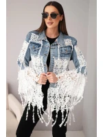 Dámska džínsová bunda z bavlny s čipkou a strapcami tmavý denim