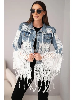 Dámska džínsová bunda z bavlny s čipkou a strapcami tmavý denim