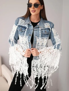 Dámska džínsová bunda z bavlny s čipkou a strapcami tmavý denim