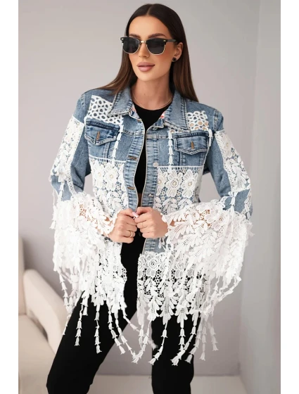 Dámska džínsová bunda z bavlny s čipkou a strapcami tmavý denim