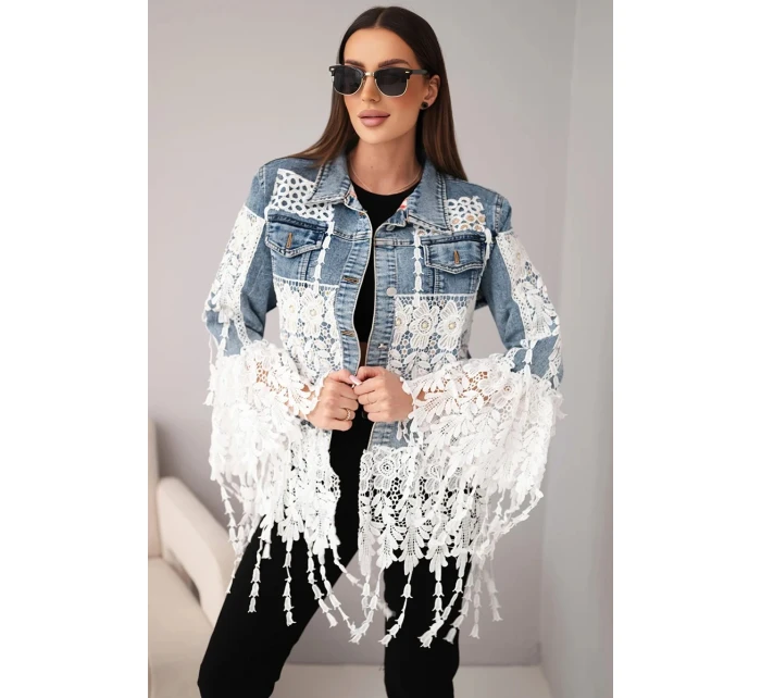 Dámska džínsová bunda z bavlny s čipkou a strapcami tmavý denim