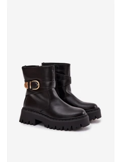 Ocieplane Botki Damskie Ze Złotą Klamrą Czarne Elanore