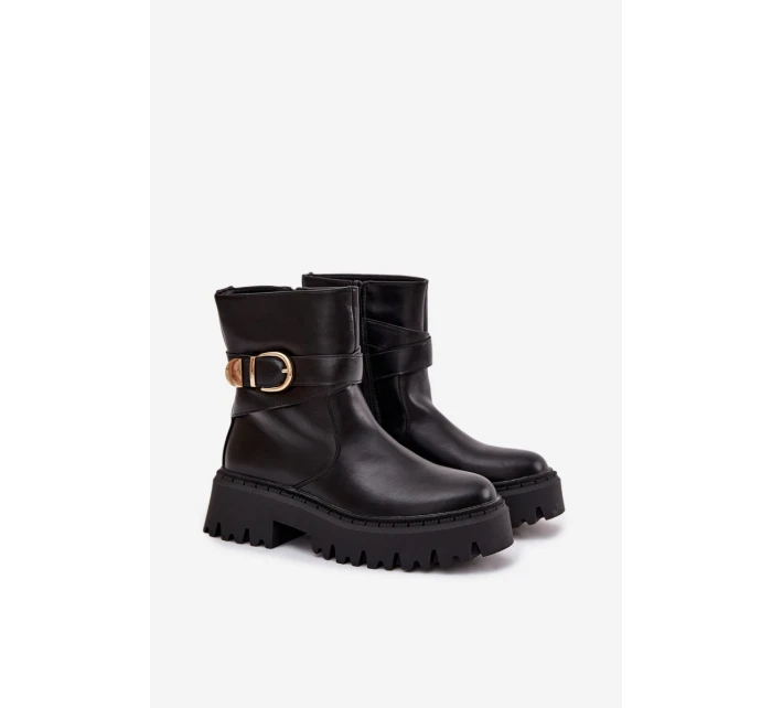 Ocieplane Botki Damskie Ze Złotą Klamrą Czarne Elanore Ocieplane Botki Damskie Ze Złotą Klamrą Czarne Elanore