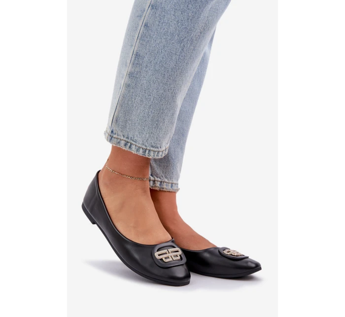 Baleriny Na Płaskiej Podeszwie Z Ozdobą Czarne Ainoria