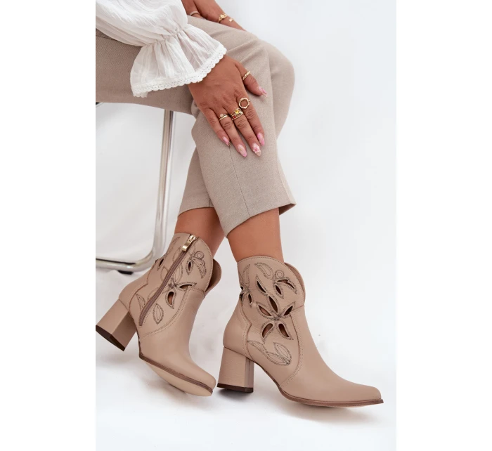 Skórzane Ażurowe Botki Damskie Na Słupku Zazoo 3647 Jasnobeżowe