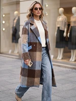Dámský kabát dvouřadý s příměsí vlny kostkované modrá FashionStreet NY0831