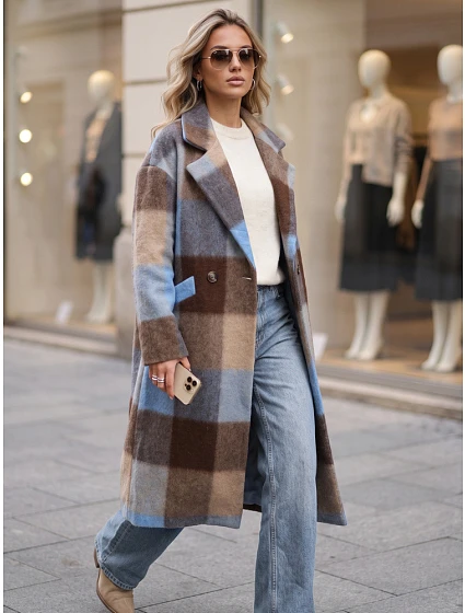 Płaszcz damski dwurzędowy z w niebieski model 22554729 - FashionStreet Płaszcz damski dwurzędowy z w niebieski model 22554729 - FashionStreet