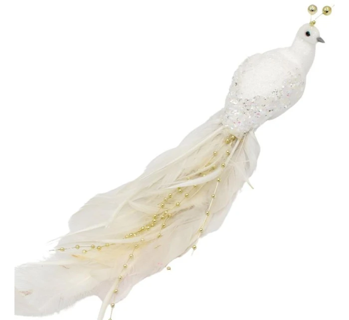 OZDOBNÝ VTÁČIK NA KLIPE 38CM BIELY A ZLATÝ