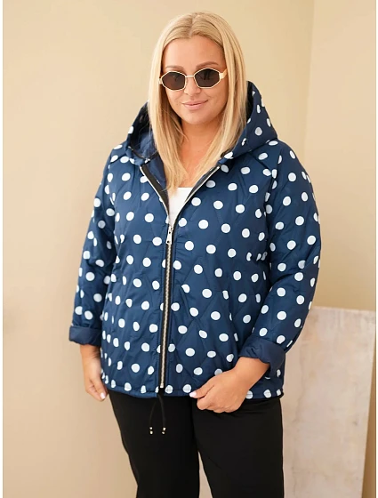 Dámska bunda Plus Size s kapucňou a bodkami, modrá granátová Dámska bunda Plus Size s kapucňou a bodkami, modrá granátová