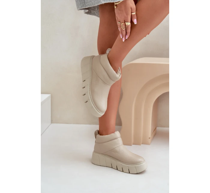 Zazoo 60470 Skórzane Botki Ocieplane Wełną Na Platformie Jasnobeżowe