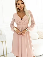 657-2 Elegantné midi šaty s obálkovým výstrihom a tylovými rukávmi - béžové