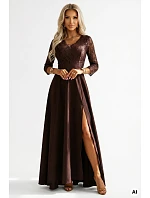 309-14 AMBER elegantné dlhé čipkované šaty s výstrihom - čokoládové