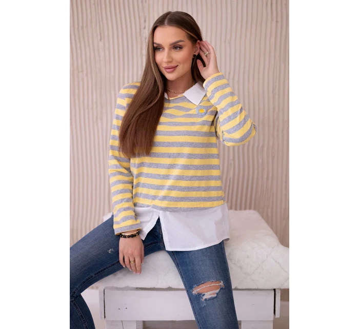 Pruhovaná bavlnená blúzka s golierom žltá+sivá