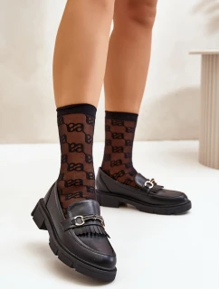 Mokasyny Damskie Z Ozdobą Eko Skórzane Czarne Tialorae