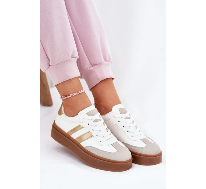 Sneakersy Damskie Na Platformie Z Eko Skóry Biało-Złote Elaraven