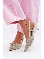 Krajkové dámské sandály na podpatku s mašlí zelené Maribelle