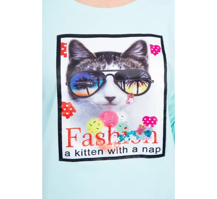 Halenka s 3D grafikou kočky v mátové barvě Halenka s 3D grafikou kočky v mátové barvě