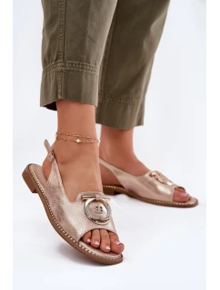 Eleganckie Sandały Z Ozdobą Na Płaskim Obcasie S.Barski KV51-003 Różowe Złoto