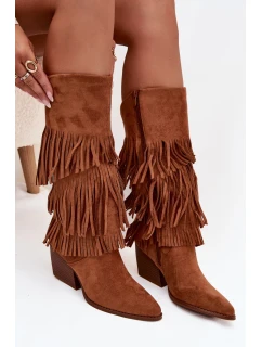 Dámske zateplené kovbojské čižmy so strapcami Brivina - camel