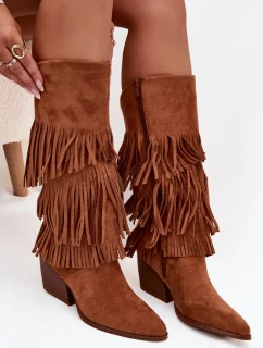 Dámske zateplené kovbojské čižmy so strapcami Brivina - camel