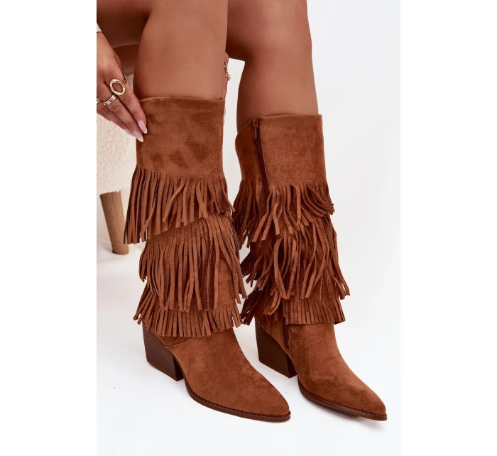 Dámske zateplené kovbojské čižmy so strapcami Brivina - camel Dámske zateplené kovbojské čižmy so strapcami Brivina - camel