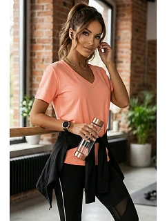 665-2 Dámska bavlnená blúzka s krátkym rukávom a výstrihom do V - koralová