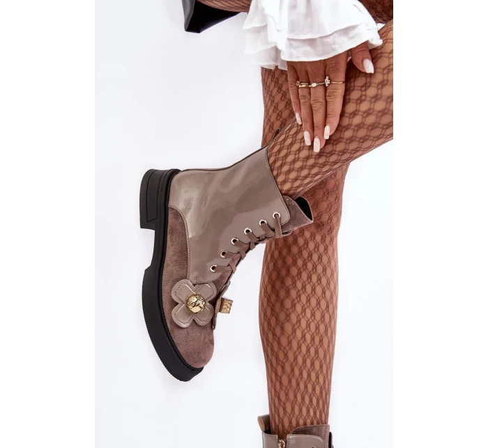 Módní dámské kotníkové boty na zip s ozdobami D&A šedohnědá Módní dámské kotníkové boty na zip s ozdobami D&A šedohnědá