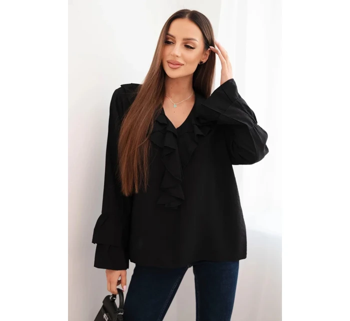 Dámská blůza z viskózy s volány a dlouhým rukávem černá
