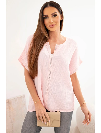 Dámská bavlněná oversize halenka s V výstřihem a krajkou candy pink