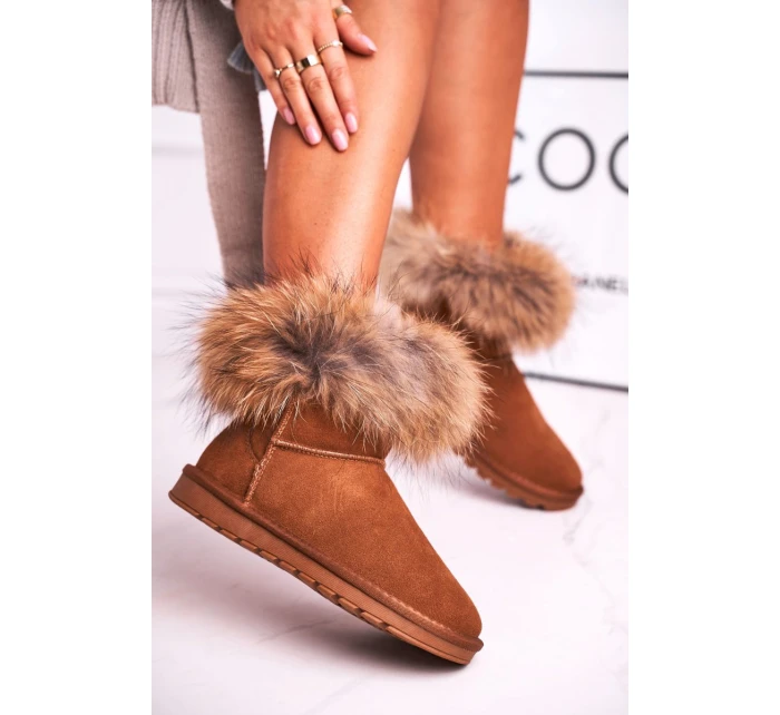 Damskie Skórzane Śniegowce Z Futerkiem Camel Alexa