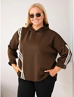 Dámska mikina z viskózy vo veľkosti plus size s kapucňou a ozdobnými pásikmi, hnedá