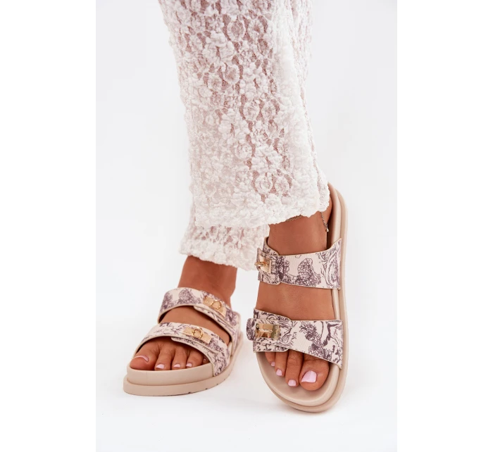 Wzorzyste Klapki Damskie Na Platformie Beżowe Sorina