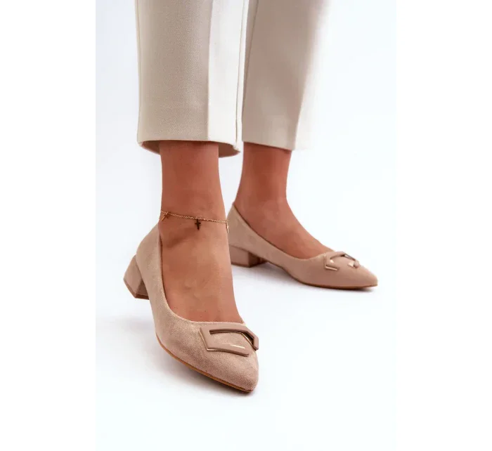Lodičky na nízkom podpätku so zdobením, Eco Suede S.Barski Beige