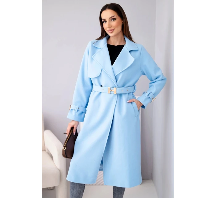Dámsky kabát s opaskom a zlatými prackami modrý