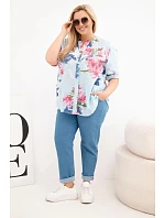 Dámske bavlnené Plus veľkosť V-neck blúzka s kvetinovým vzorom modrá Dámske bavlnené Plus veľkosť V-neck blúzka s kvetinovým vzorom modrá