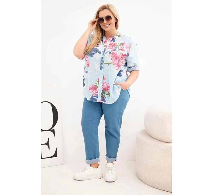 Dámske bavlnené Plus veľkosť V-neck blúzka s kvetinovým vzorom modrá Dámske bavlnené Plus veľkosť V-neck blúzka s kvetinovým vzorom modrá