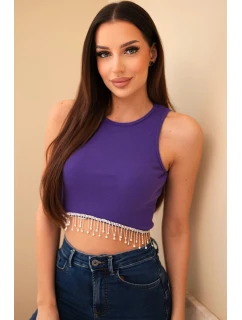 Dámsky krátky rebrovaný bavlnený top s ozdobnými strapcami fialový