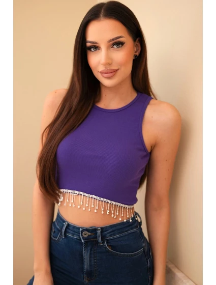 Dámsky krátky rebrovaný bavlnený top s ozdobnými strapcami fialový
