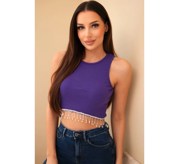 Dámsky krátky rebrovaný bavlnený top s ozdobnými strapcami fialový