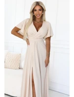 581-6 JENNIFER dlhé šaty s rozparkom na nohách, rukávmi a výstrihom - BEACH