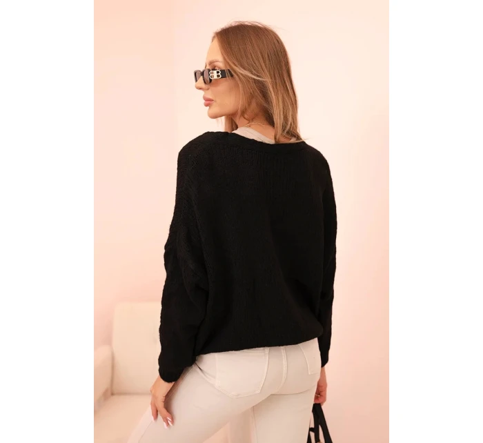 Dámsky sveter s výstrihom do V a gombíkmi čierny