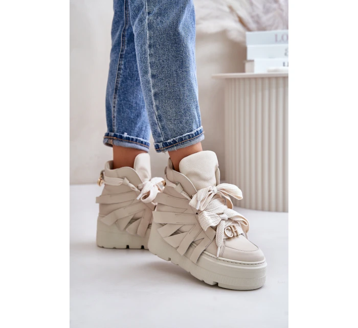 Skórzane Sneakersy Damskie Na Masywnej Platformie CheBello 4561 Beżowe
