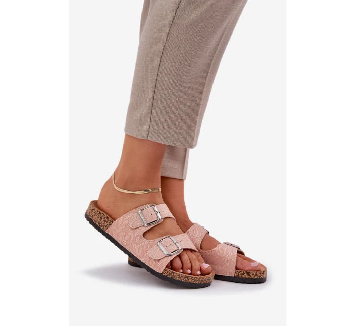 Materiałowe Klapki Na Korkowej Podeszwie Z Klamrami Różowe Atera