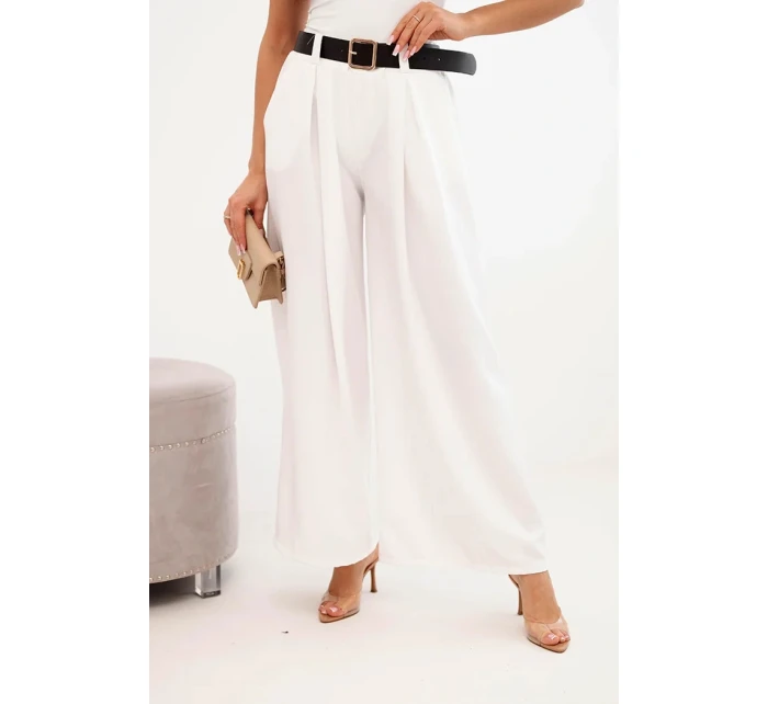 Dámské kalhoty s širokými nohavicemi a ecru páskem ecru