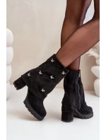 Zdobione Botki Z Wywiniętą Cholewką Na Słupku Czarne Esadora